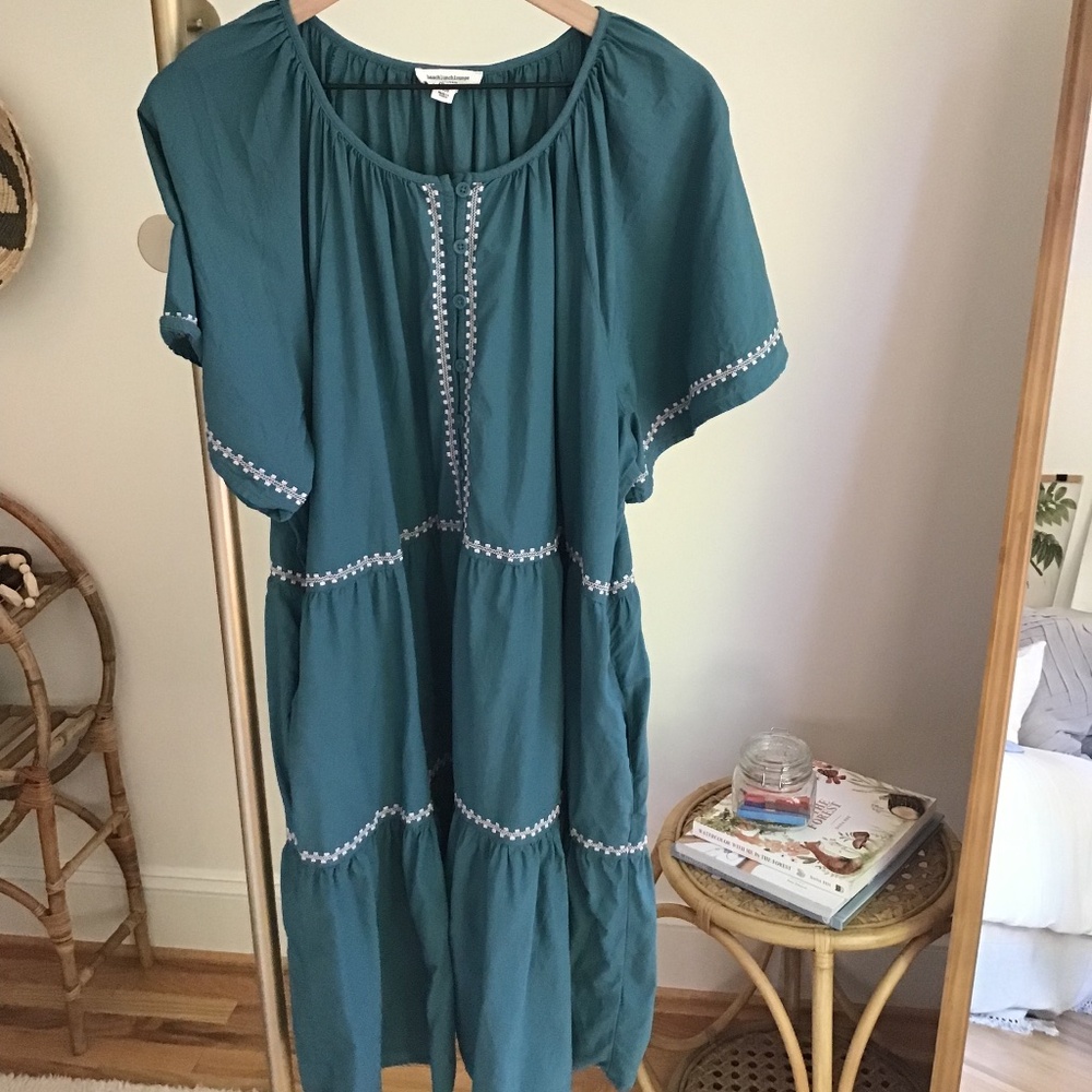 beachlunchlounge Embroidered Tiered Dress Teal Cotton Blend Size XXL